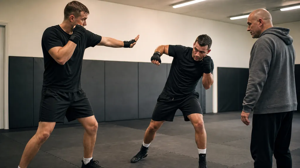 Two adult boxers practising a light non-contact hook and defensive slip drill while a coach supervises in a plain boxing gym