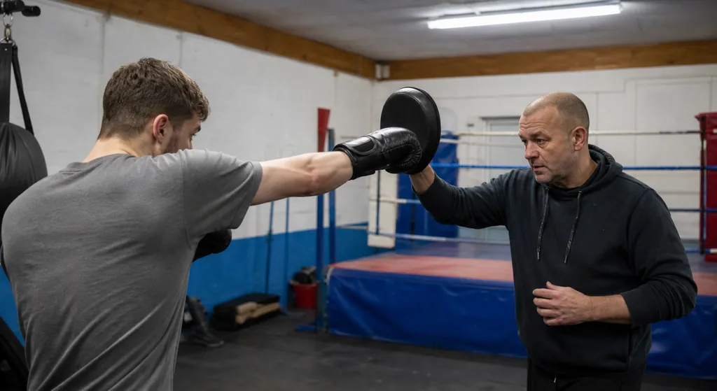 Adult beginner boxer landing a controlled jab-cross on focus mitts while keeping balance in a community boxing gym