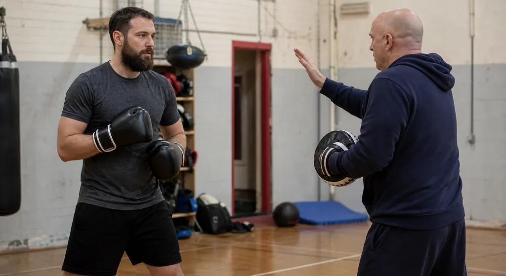 Adult recreational boxer listens to a coach and resets before the next controlled focus-mitt repetition