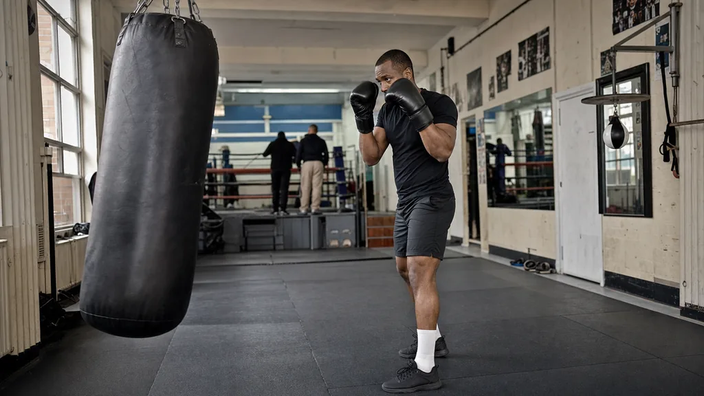 Adult boxer landing a controlled straight punch on a heavy bag with a balanced stance