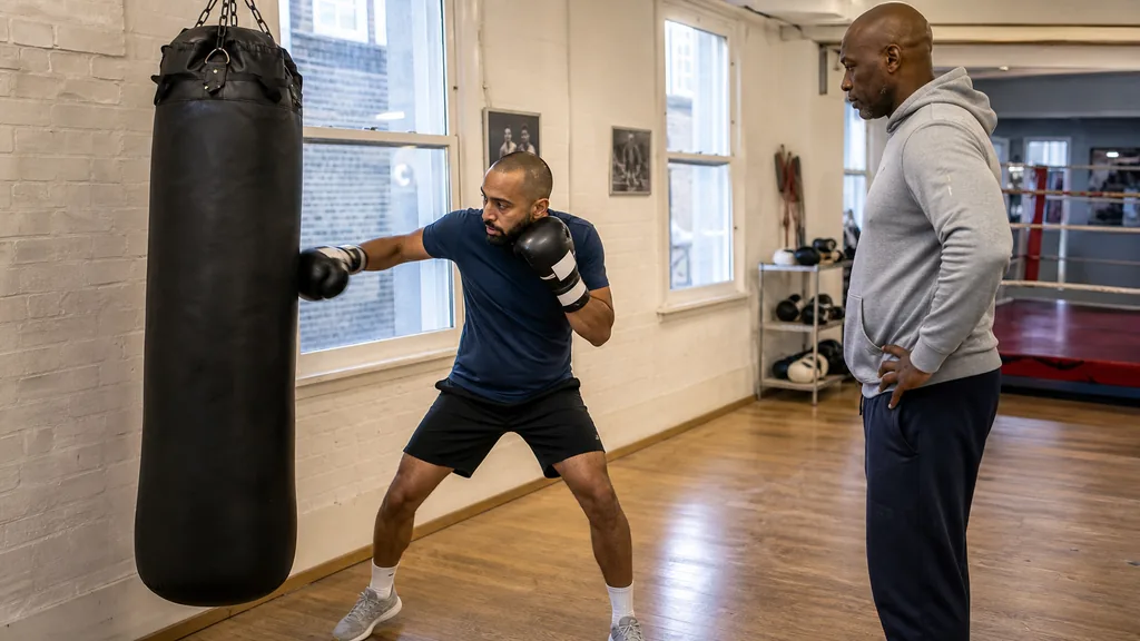 Boxer stepping away with hands high after a crisp combination on a swinging heavy bag