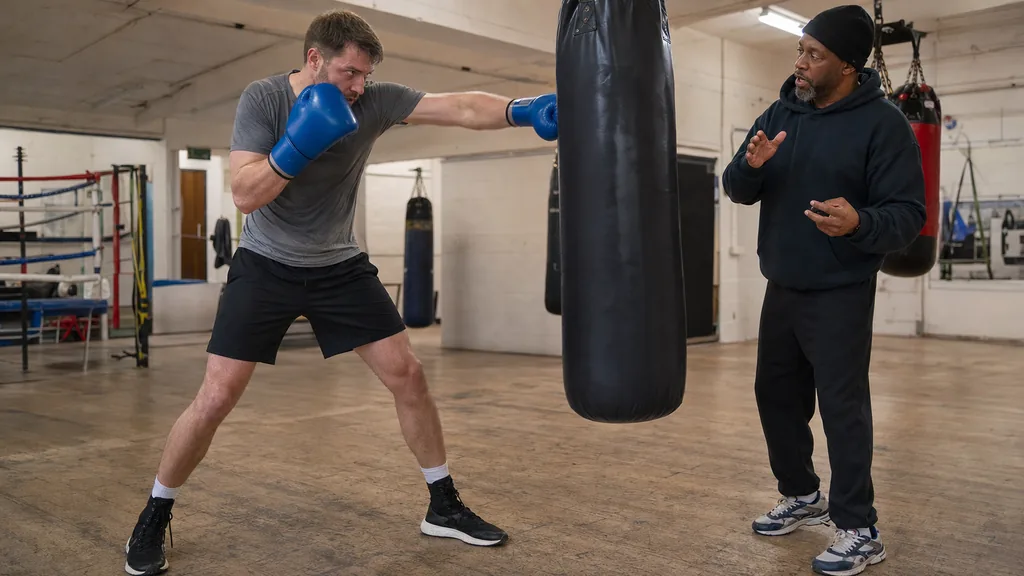 Coach watching an adult boxer use measured power during a focused heavy bag round
