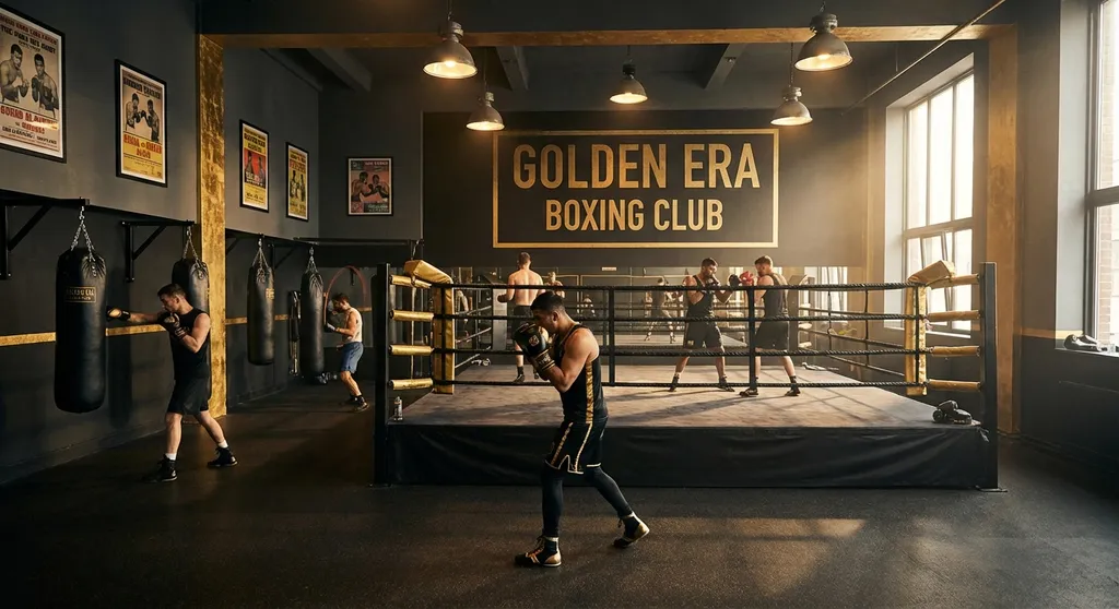 Boxers training in a staged gym scene with a ring and punch bags