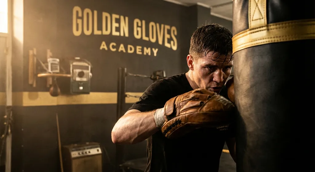Boxer working a heavy bag in a staged gym scene