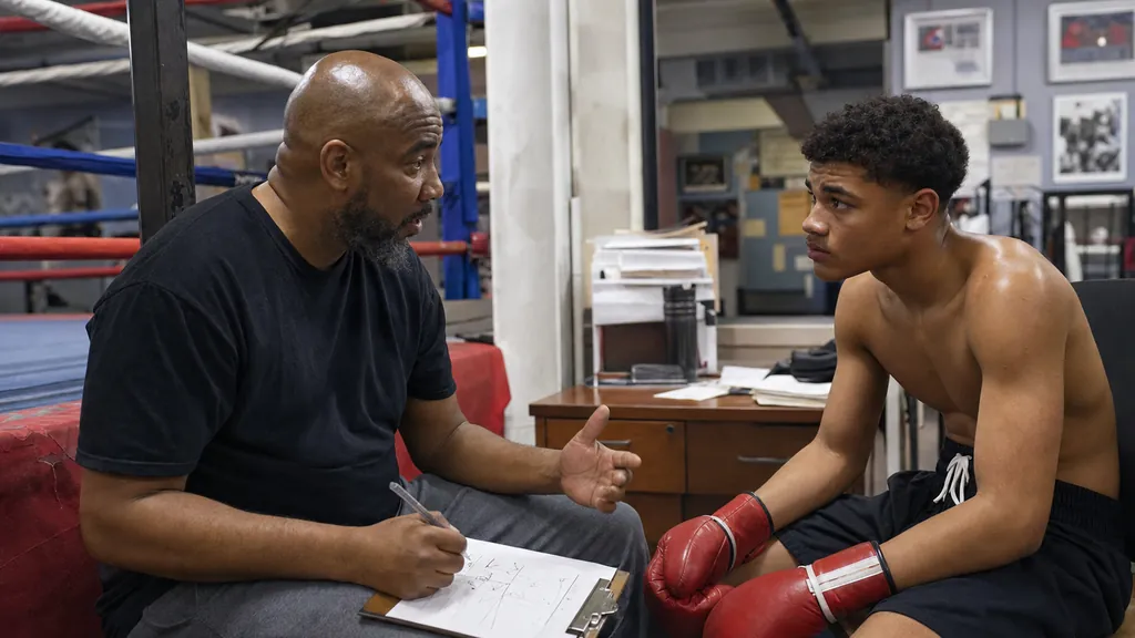 Boxing coach discussing competition pathways and realistic earnings with a young boxer