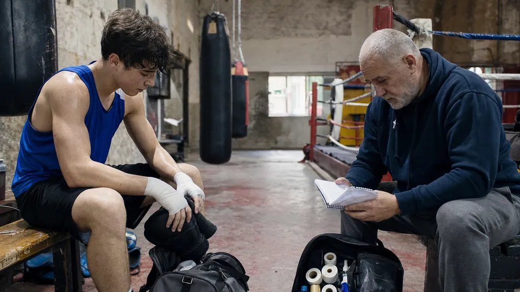 Amateur boxer packing gloves while a coach reviews training costs and travel kit