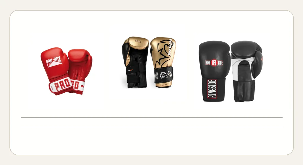Three pairs of approved boxing gloves shown as a practical fit and weight comparison