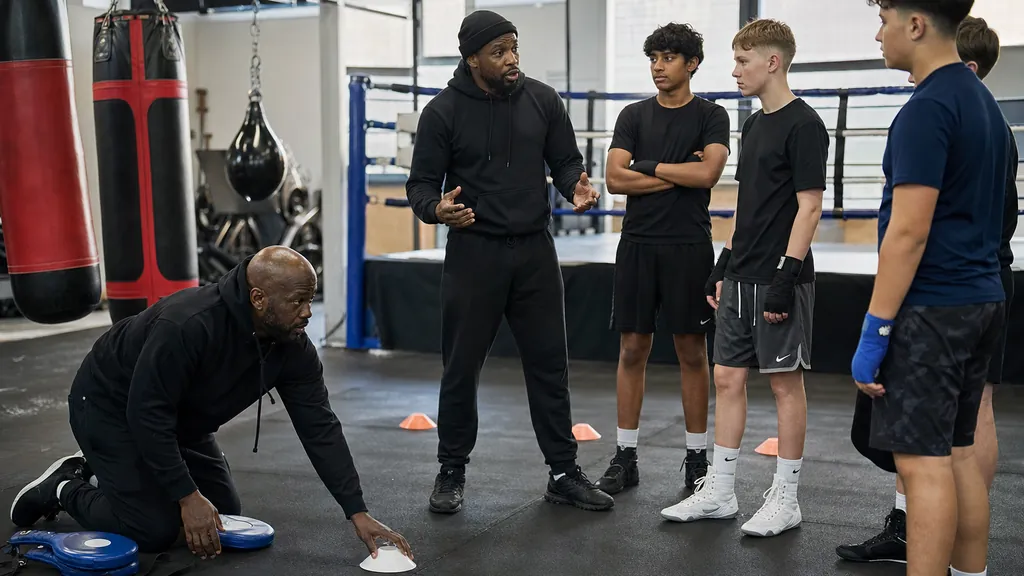 Assistant boxing coach setting up pads and cones before a junior class
