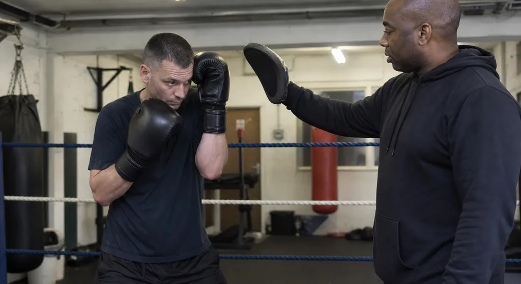Adult boxer holding a compact high hook block while a coach watches in a community boxing gym