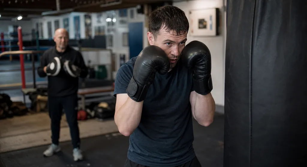 Coach presenting a curved focus mitt as an adult boxer practises a compact hook block in a controlled gym drill