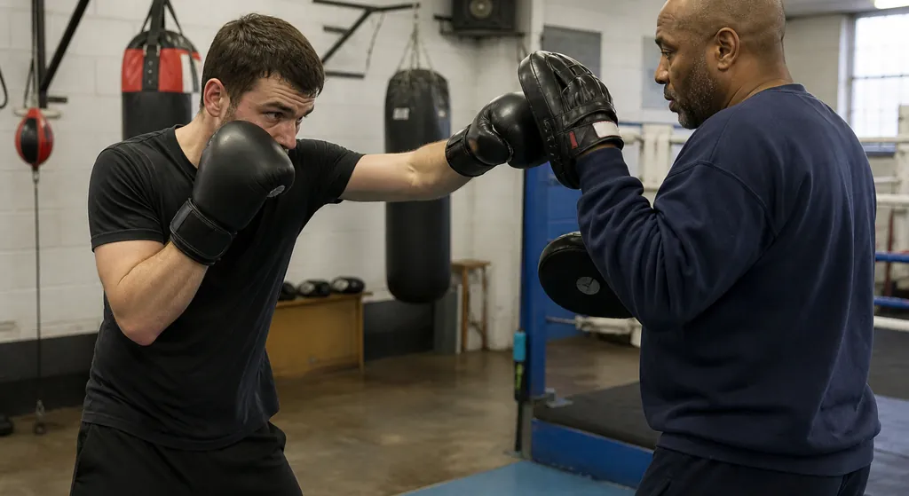 Adult boxer balanced in a high guard beside a heavy bag after resetting from a defensive block