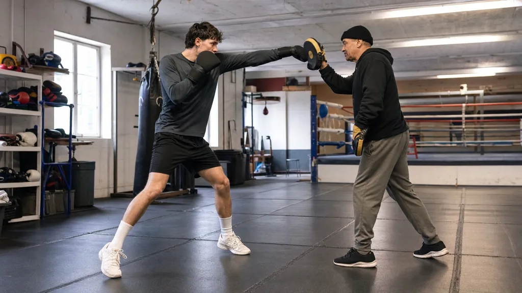 Adult boxer using a compact measuring jab against a shorter training partner during a controlled gym drill