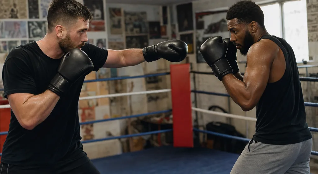 Two recreational boxers in a coached sparring drill studying distance before committing to an exchange