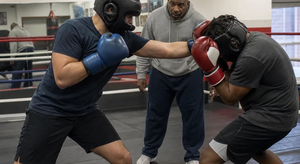 Coach watching two boxers practise controlled pressure and angles in a modest community boxing gym