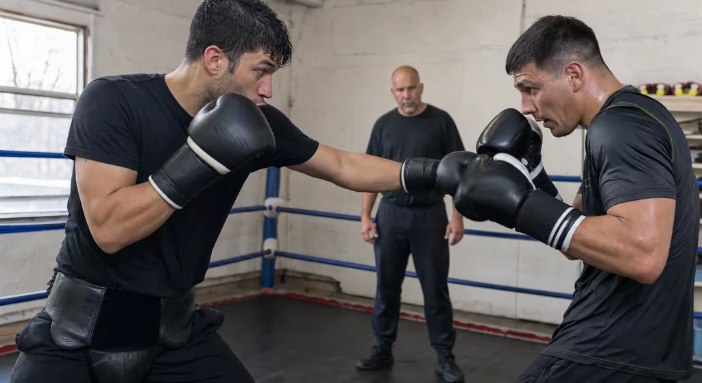 Boxer using a jab feint while a partner stays composed and ready to counter during technical sparring