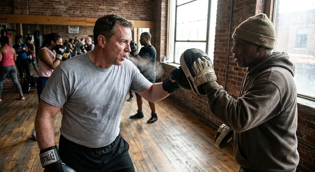 Beginner boxer exhaling sharply while throwing a jab on pads in a community boxing gym