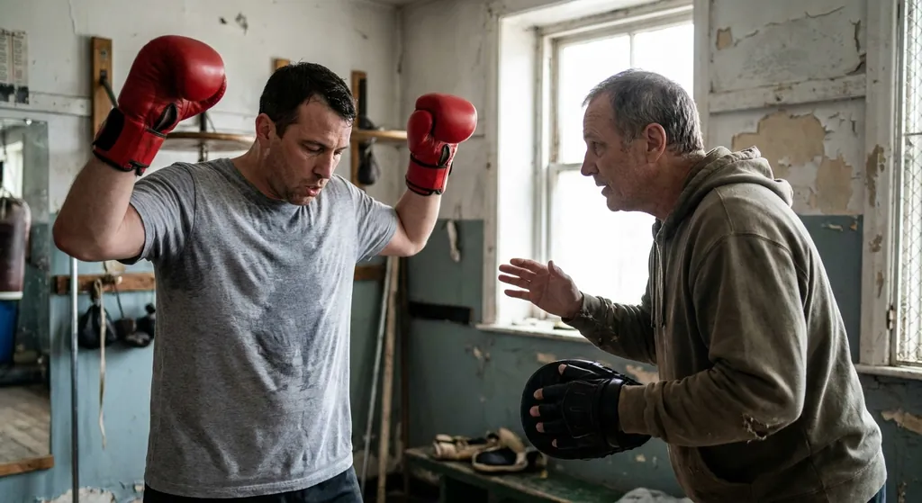 Coach holding focus mitts while a beginner boxer resets and breathes between combinations