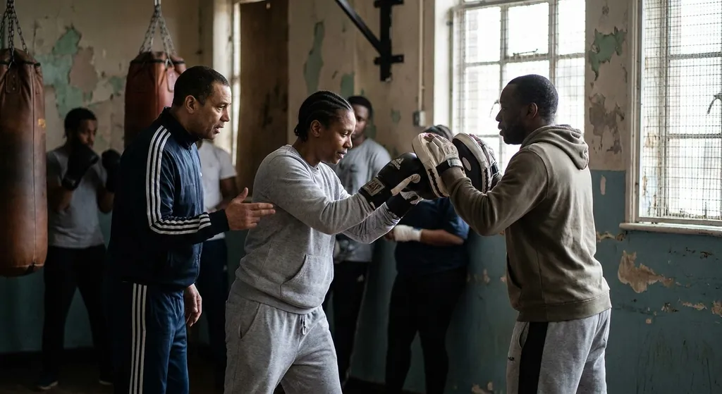 Small adult boxing class practising controlled pad work with relaxed breathing and sharp technique