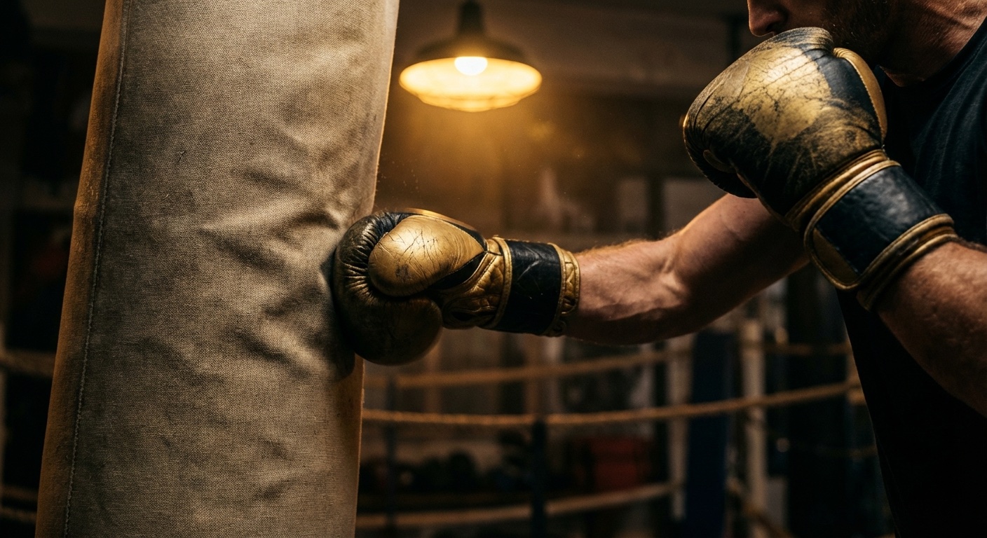 Boxer training on heavy bag in dark boxing gym with dramatic gold lighting