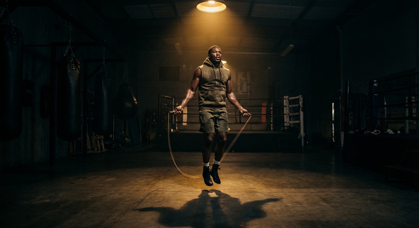 Boxer doing interval training, skipping rope in dark gym with gold spotlight