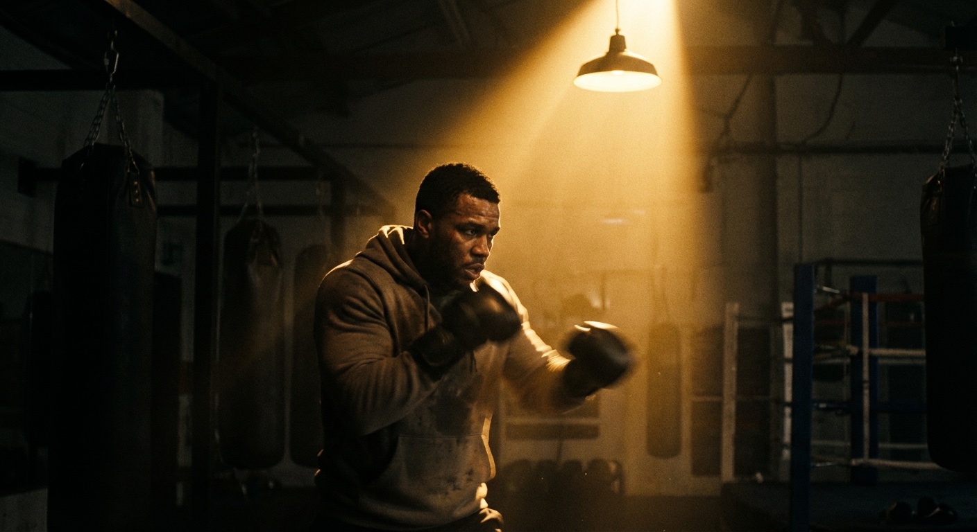 Boxer shadowboxing in empty professional gym, dramatic single gold spotlight from above