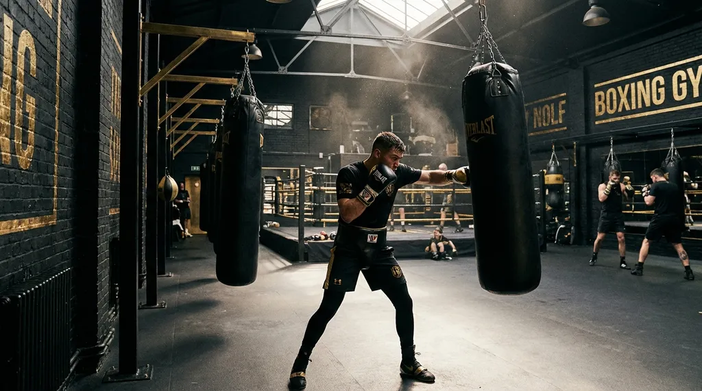 Boxer training on a heavy bag in a busy boxing gym