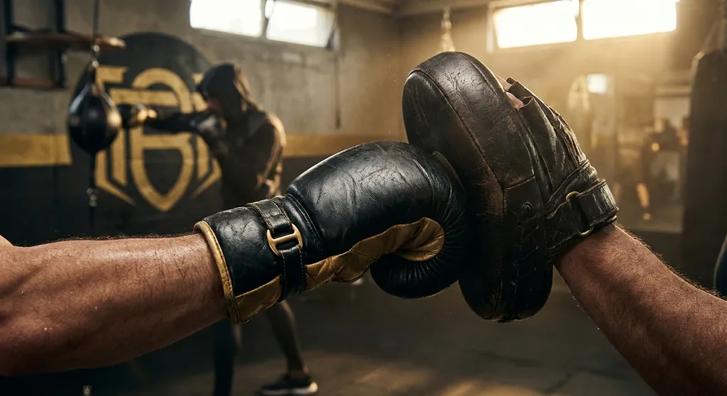 Boxing gloves striking a coach's focus mitts during training