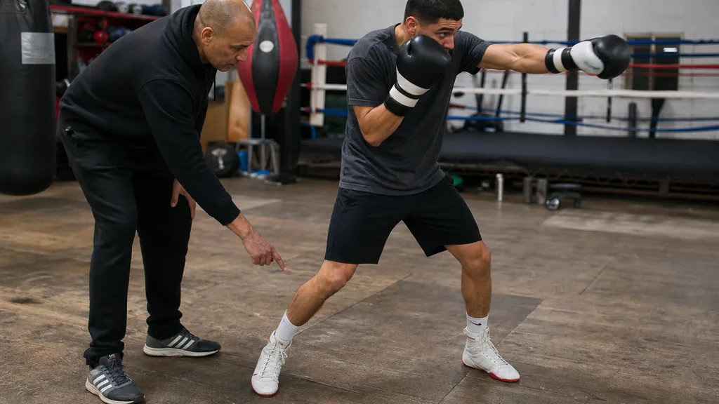 Two recreational boxers using cones to practise range and controlled forward steps