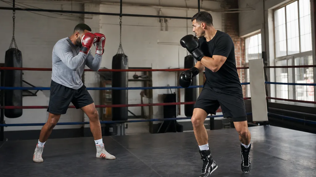 Adult boxer resetting out of punching range after a controlled forward combination