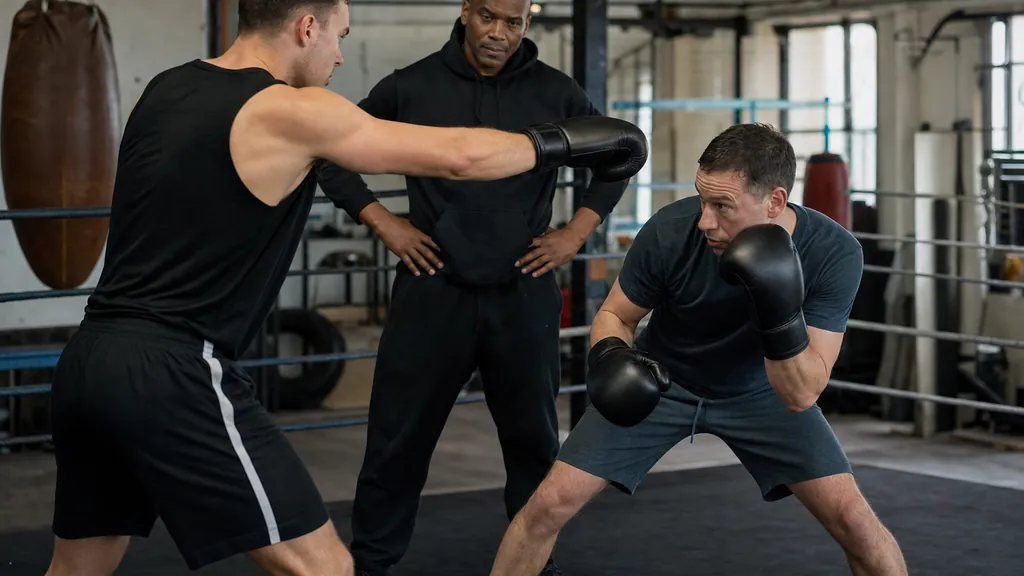Two recreational boxers practising a controlled jab defence drill while a coach watches their stance