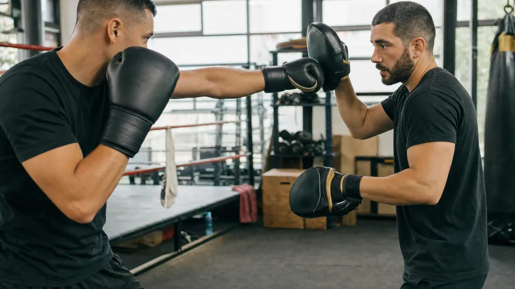 Adult boxer practising a small outside slip against a slow jab in a coached partner drill