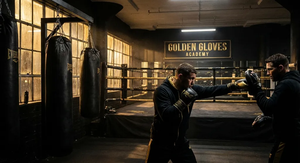 Boxer practising a jab into a coach's focus mitt in a boxing gym
