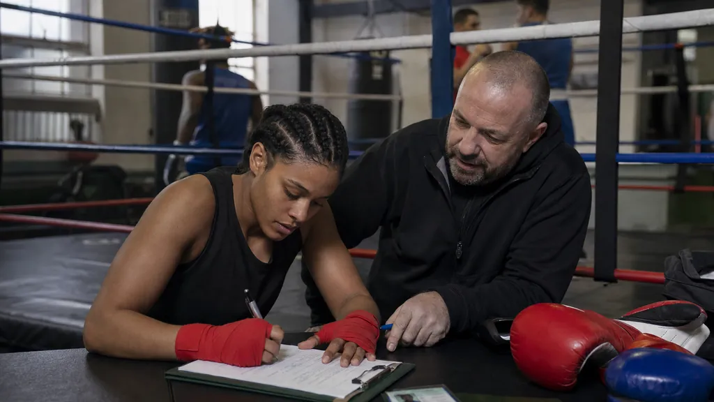 Boxer completing competition paperwork with a coach beside the ring