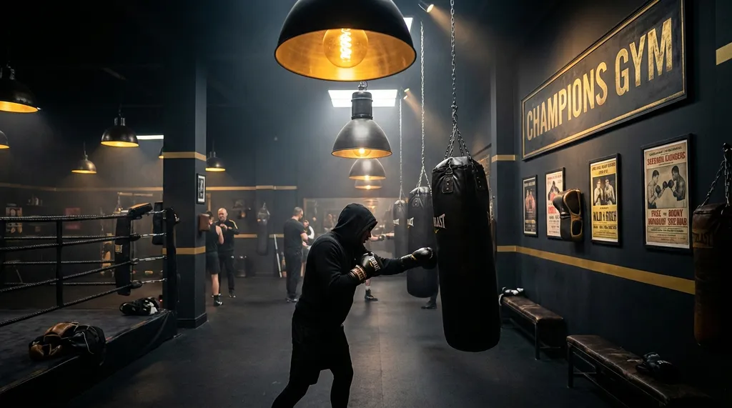 Interior of a community boxing gym with training equipment