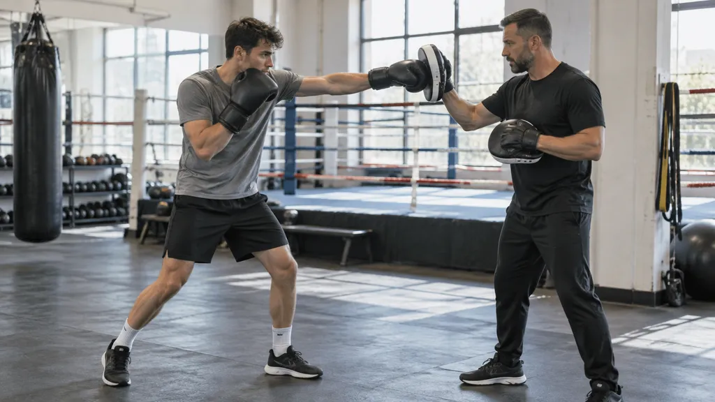 Illustration of an adult beginner practising a controlled jab into a coach's focus mitt