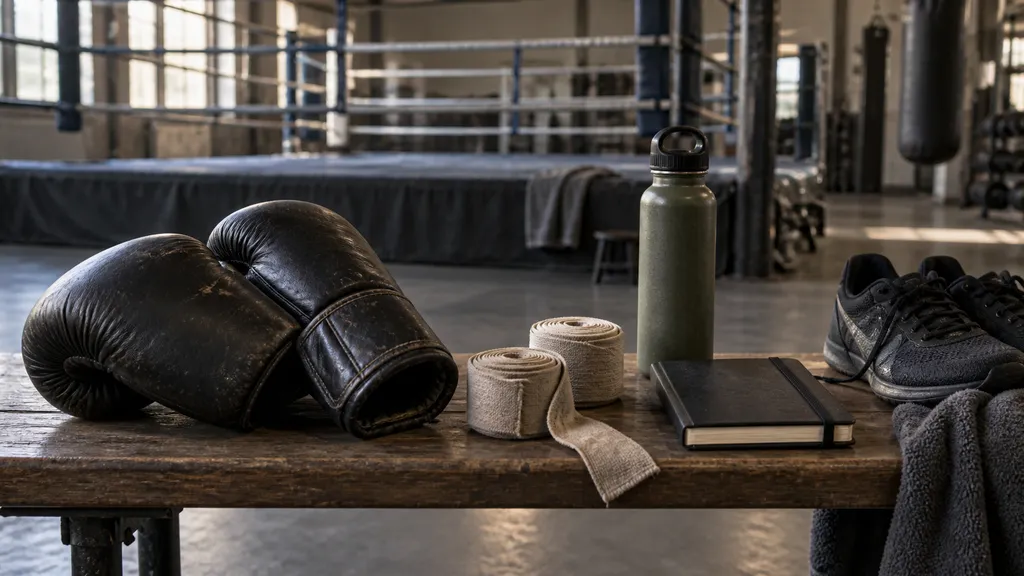 Illustration of gloves, hand wraps, water and a training notebook on a gym bench