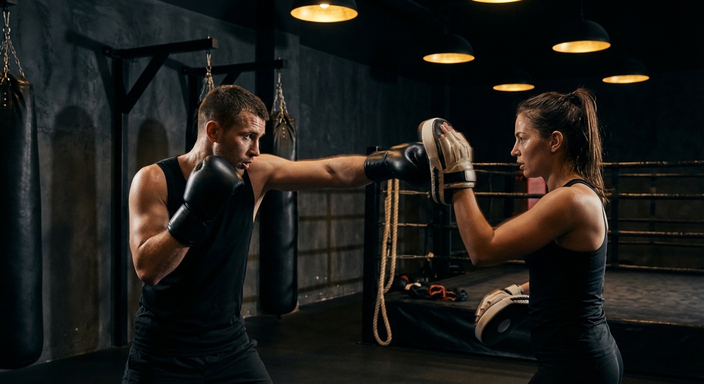 Two boxers doing pad work together in a professional gym setting with dramatic black and gold lighting