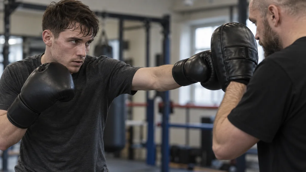 Adult boxer and coach setting focus mitt positions before a controlled pad-work round