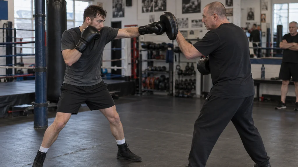 Boxer landing a controlled straight punch on a coach-held focus mitt during technical pad work