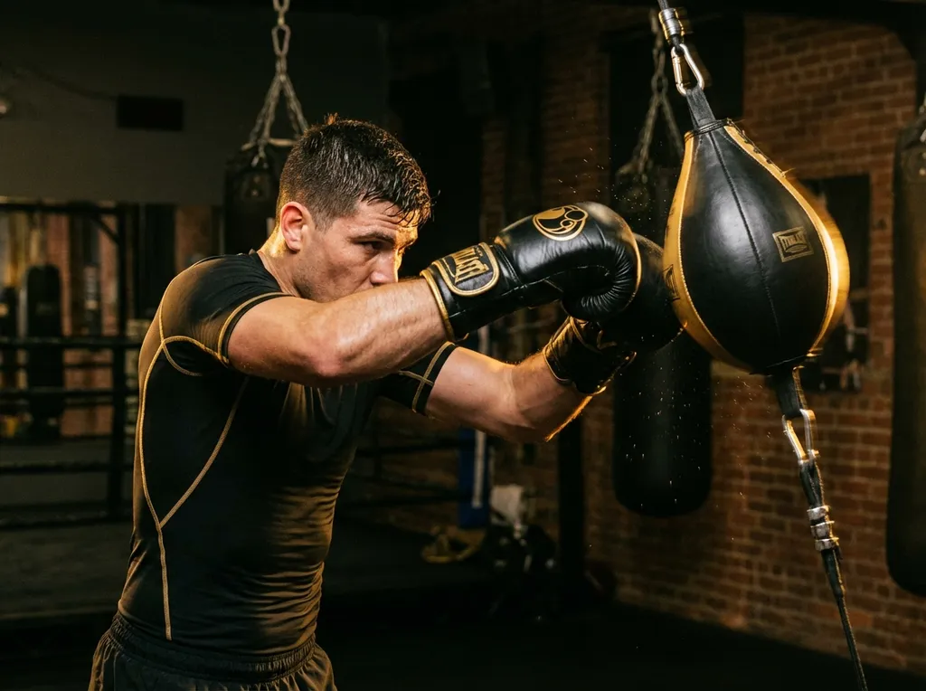 A boxer landing a precise, well-timed punch on a double-end bag in a dark gym with gold lighting