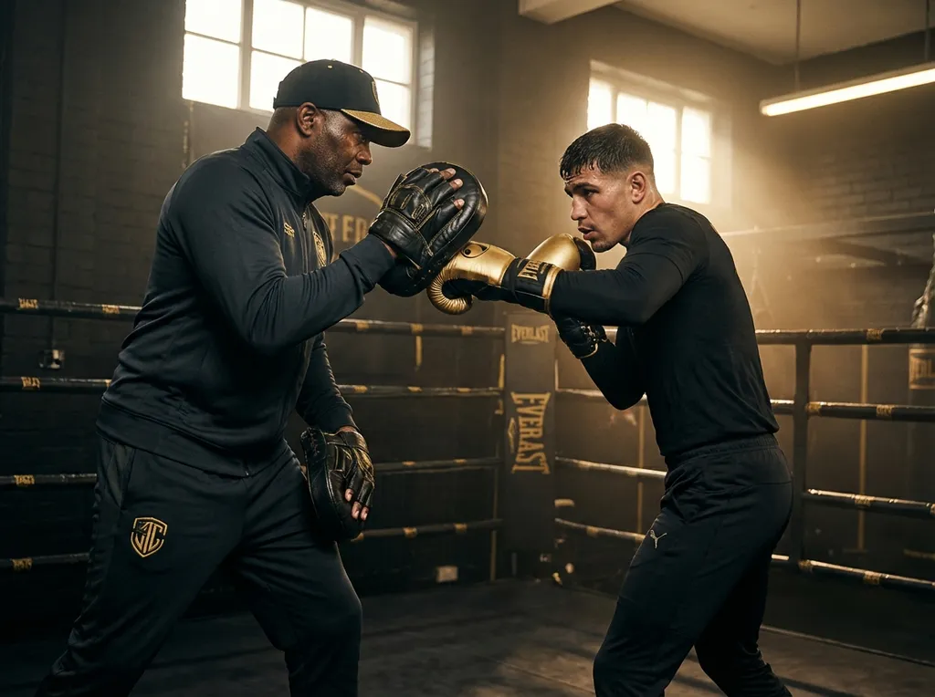 A boxer working pad rounds with a coach in a professional gym, black and gold lighting, coach varying timing