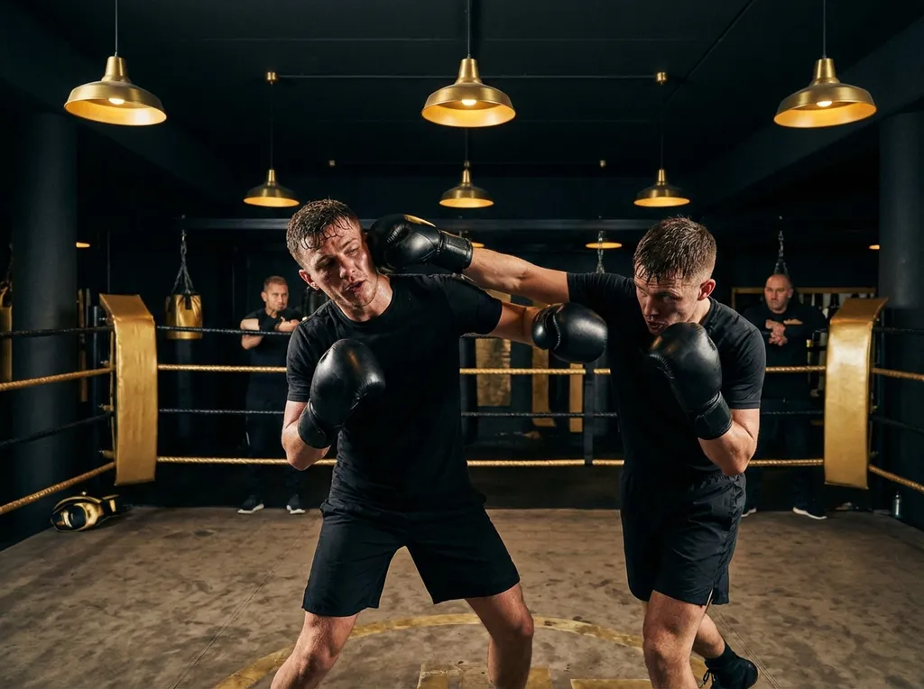 A boxer slipping a punch in controlled sparring, timing a counter in a dark gym with gold accent lighting