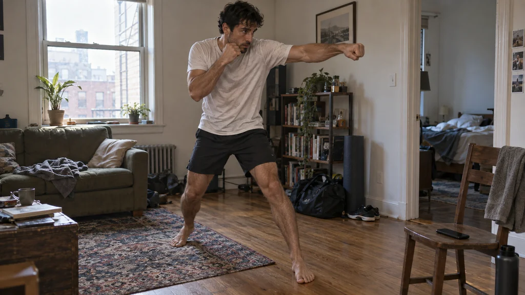 Adult boxer shadow boxing in a hotel gym beside a carry-on case and skipping rope