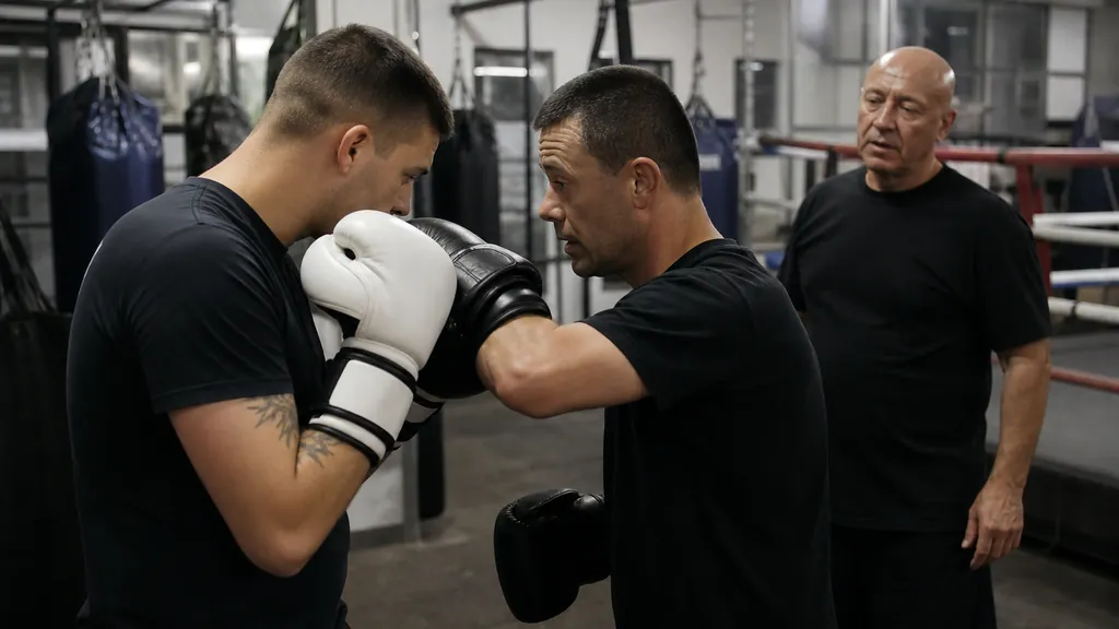 Adult beginner practising a compact short-range punch on a heavy bag as a coach watches the feet