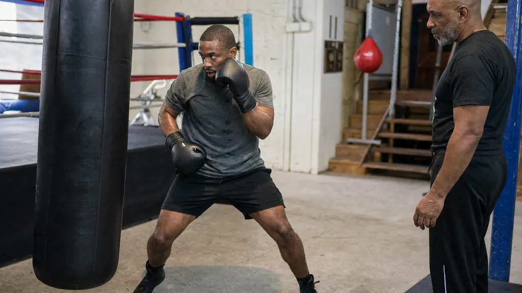 Two adult recreational boxers practising a controlled close-range framing drill under coach supervision