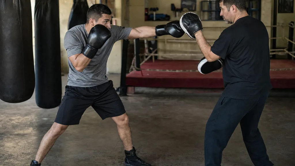 Adult boxer throwing a controlled jab cross on pads with the rear hand returning to guard