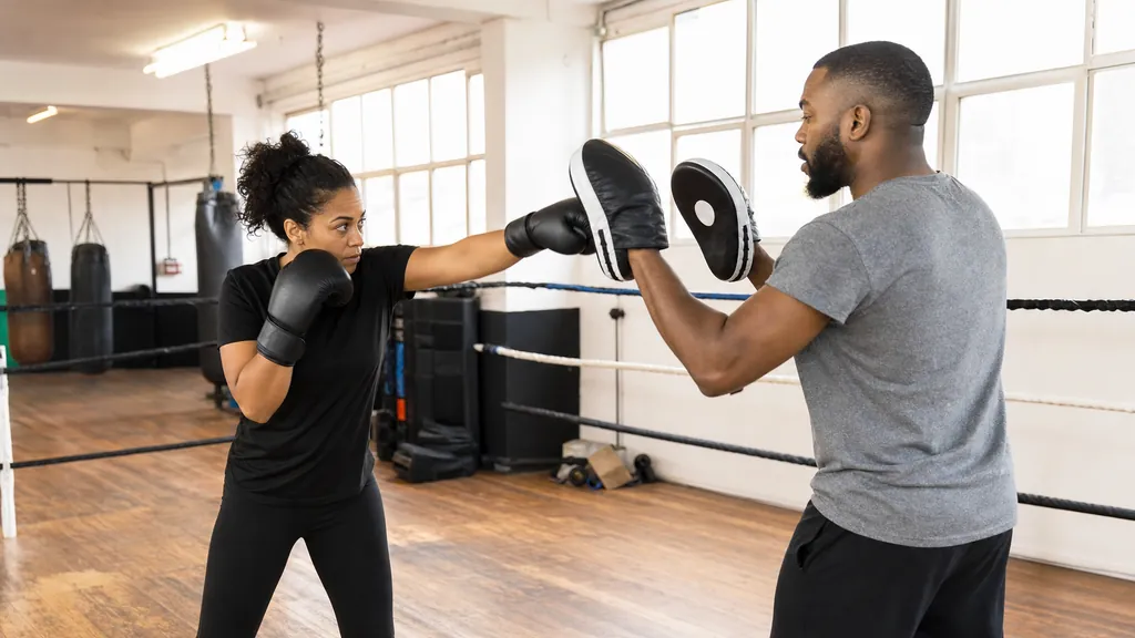 Beginner boxer listening to a coach before a simple focus-mitt combination in a community boxing gym