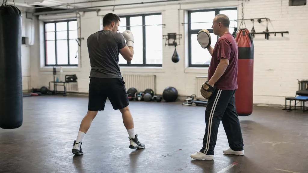 Adult recreational boxer stepping out with hands up after a short pad-work combination