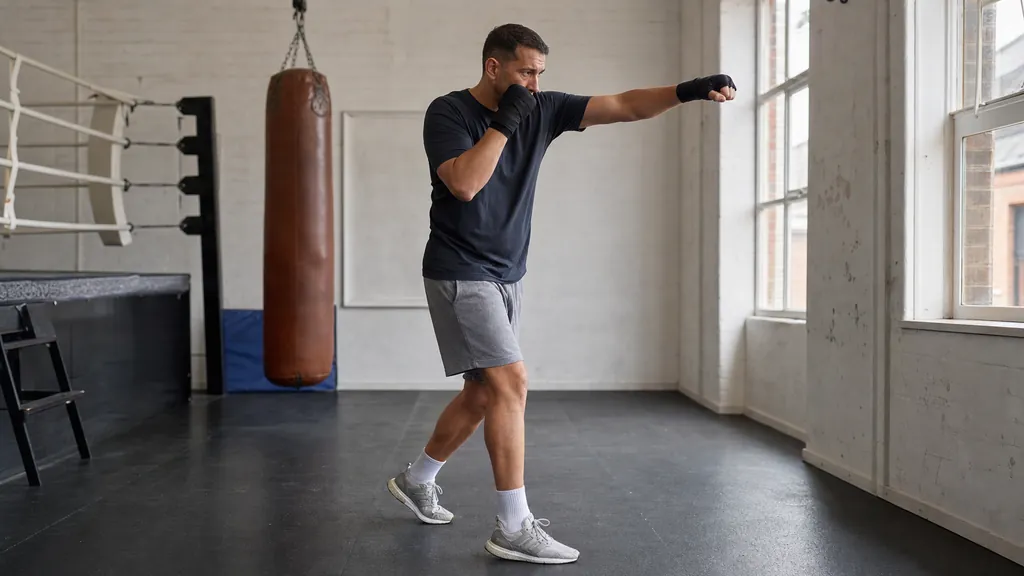 Boxer shadow boxing a simple jab-cross sequence with a calm step-out in a bright community gym