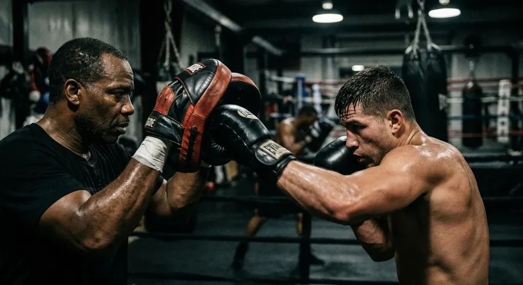Boxing pad work drill where a beginner learns distance, breathing and controlled reactions